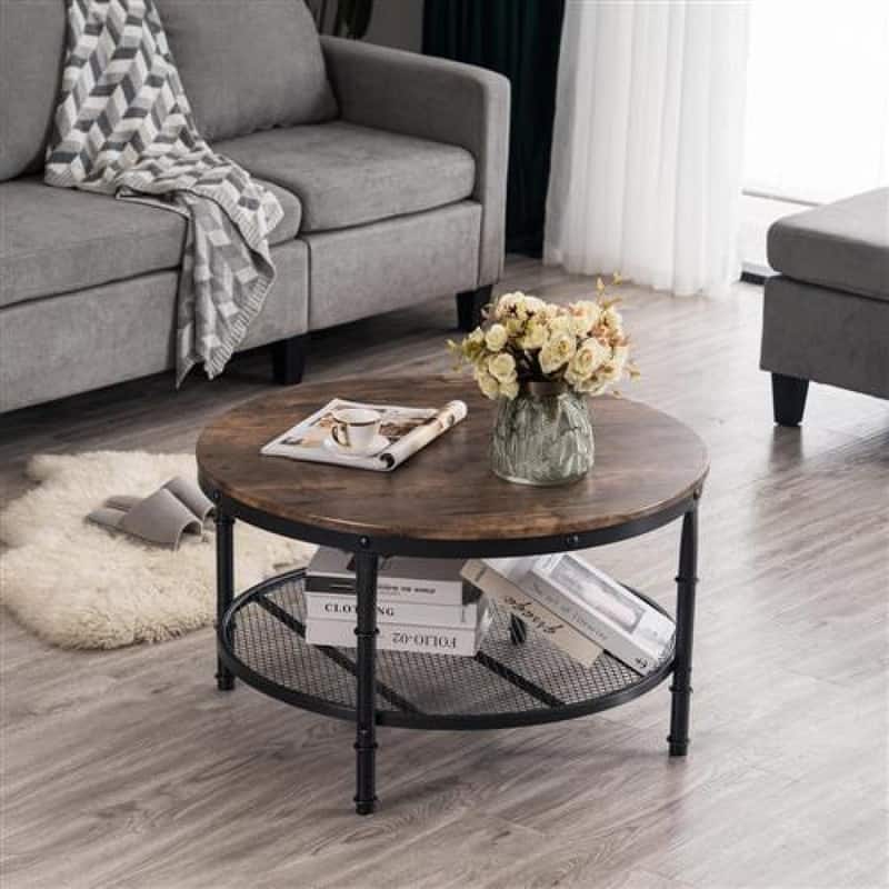 31.89in Double-layer Round Brown PVC Density Board Panel Black Base with Silver Pattern Powder-coated Iron Frame Coffee Table
