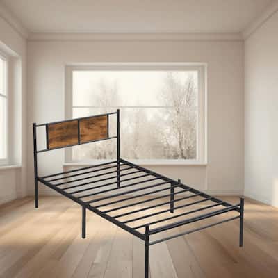 Metal Platform Bed Frame with Headboard and Wood Panel Decoration, Twin, Full, and Queen Sizes Bedroom Furniture