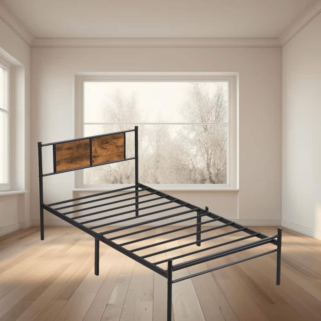 Metal Platform Bed Frame with Headboard and Wood Panel Decoration, Twin, Full, and Queen Sizes Bedroom Furniture