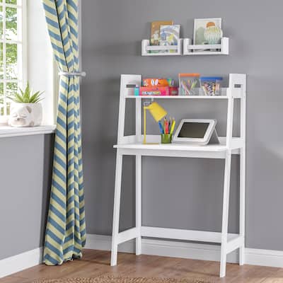 RiverRidge Home Kids Desk with Ladder Shelf Storage and 2 Bonus 10" Floating Bookshelves - White