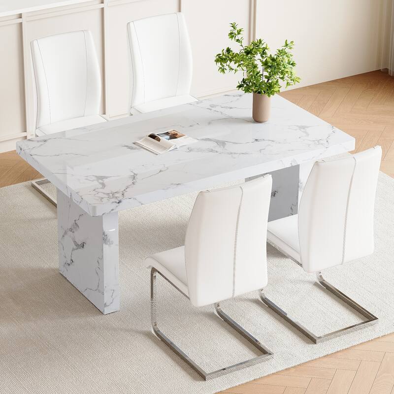 5 Piece Rectangular Dining Table Set, Modern 63" Imitation Marble Dining Table w/ 4 PU Upholstered Chair for Kitchen - White+Silver
