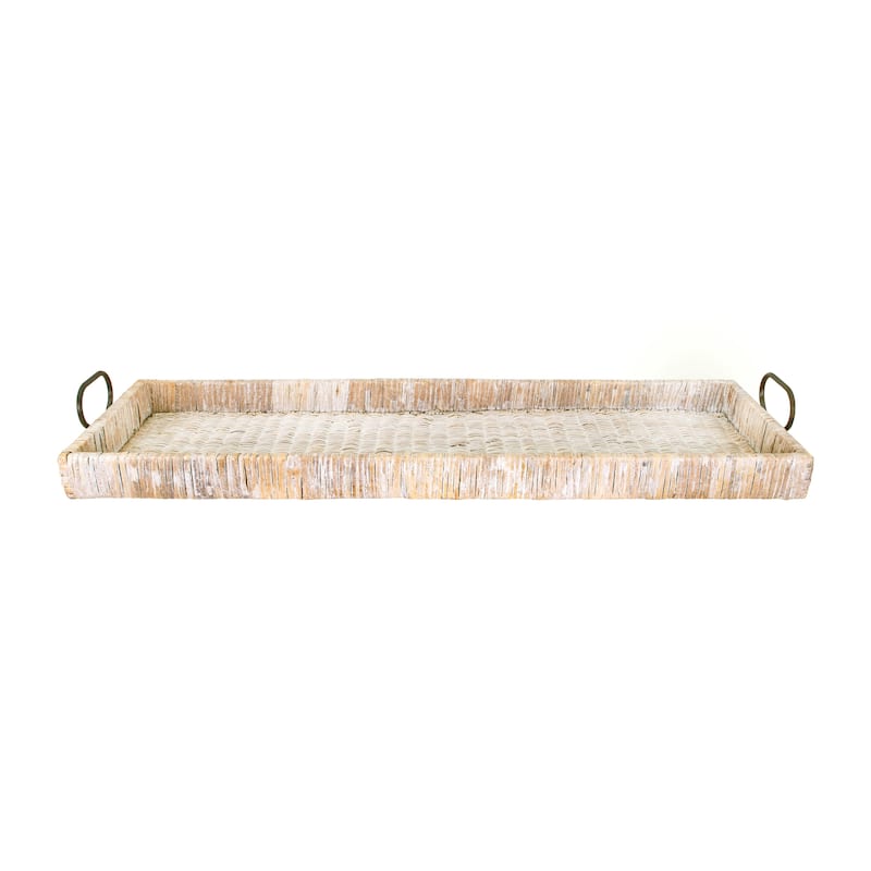 Decorative Rattan Tray with Metal Handles - Brown
