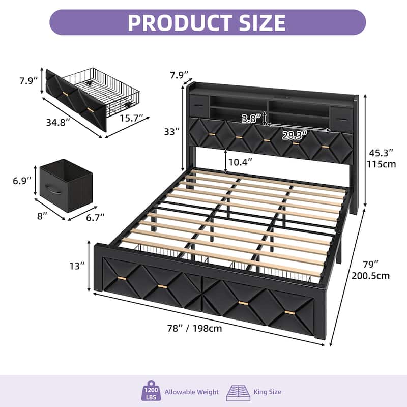Black Farmhouse Bed Frame Upholstered Headboard Platform Bed with Charging Station