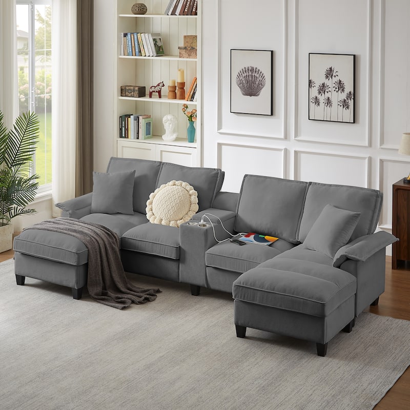 Corduroy U-shaped Sectional Sofa with Double Storage Chaise Lounge, Console Table with Charging Station, Box and Cup Holders - Grey