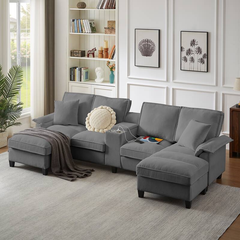 Sectional Sofa Bed Sleeper Sofa with Storage, U-Shaped 4-Seater Chaise Lounge Sofa with Cup Holders & USB Charge