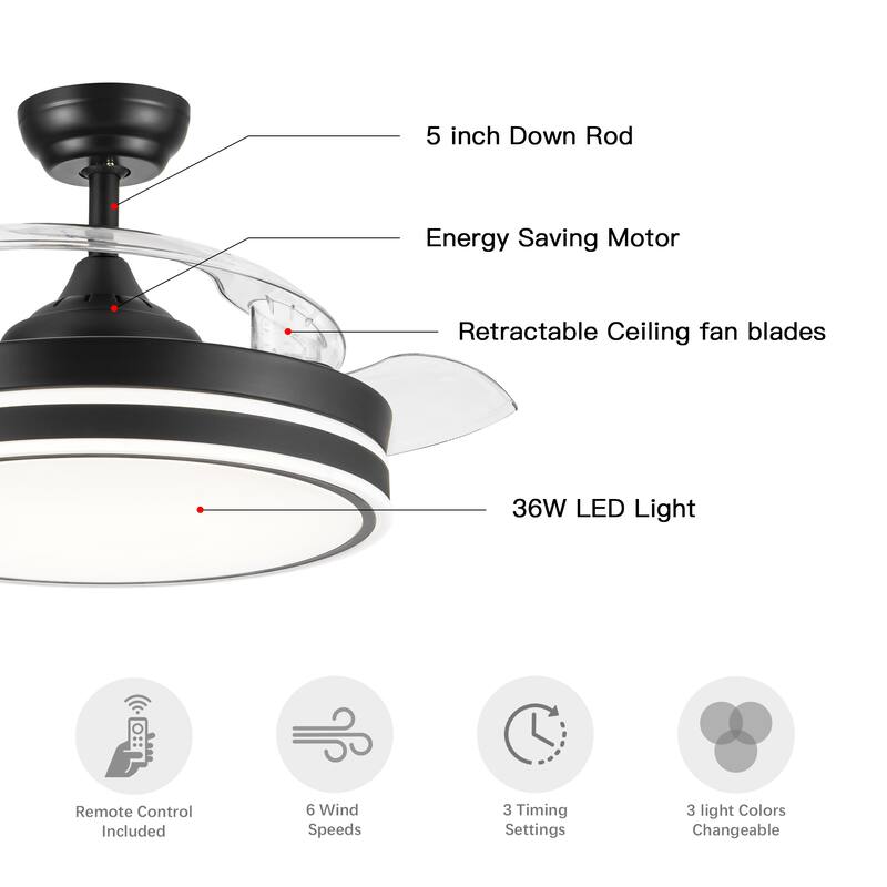 42 in. Black Frame Retractable Ceiling Fan with Remote Control