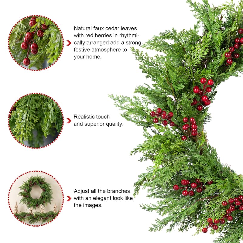 Glizthome 6FT/9FT Christmas Greenery PE Dripping Cedar Garland & 24"D Wreath with Red Berries