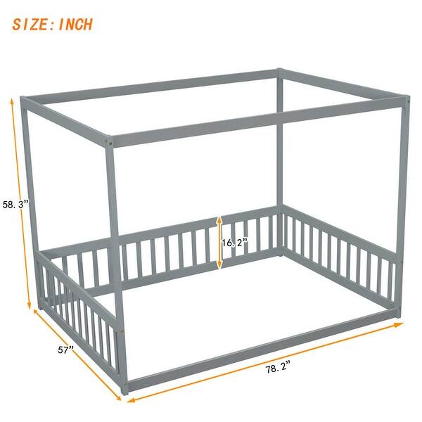 dimension image slide 2 of 3, Full Size Wood Canopy Bed with Guardrails,Floor Bed For Kids