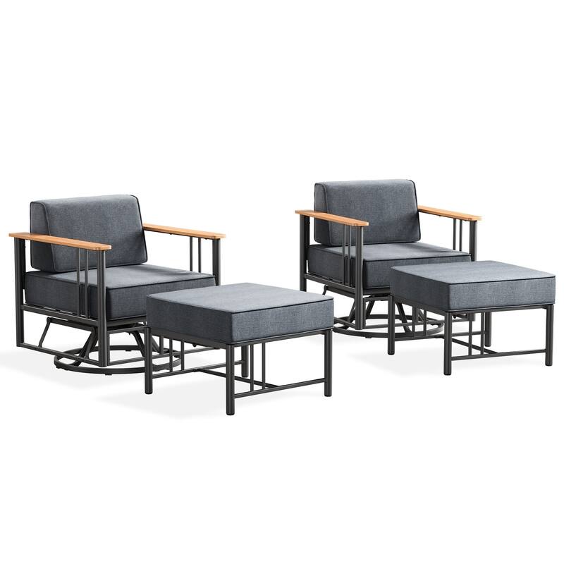 Puffin 4-Piece Black Metal Frame Outdoor Swivel Gliding Chairs with 6-Inch Dark Gray Cushions and Ottomans