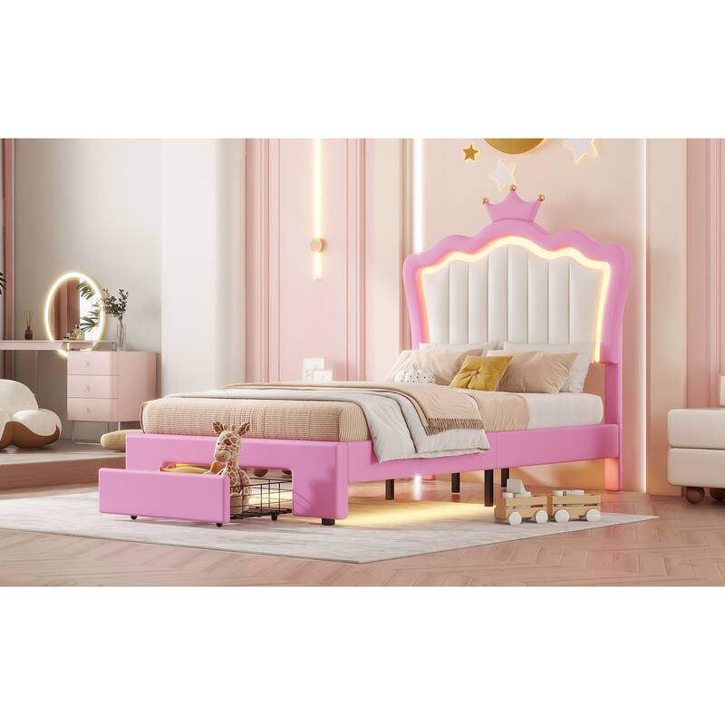 Twin Upholstered Bed Frame with LED Lights, Crown Headboard, Storage Drawer, and Noise-Free Design for Kids' Bedroom