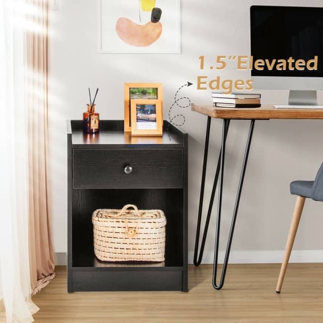 Set of 2 Nightstand with Drawer Cabinet End Side Table Raised Top