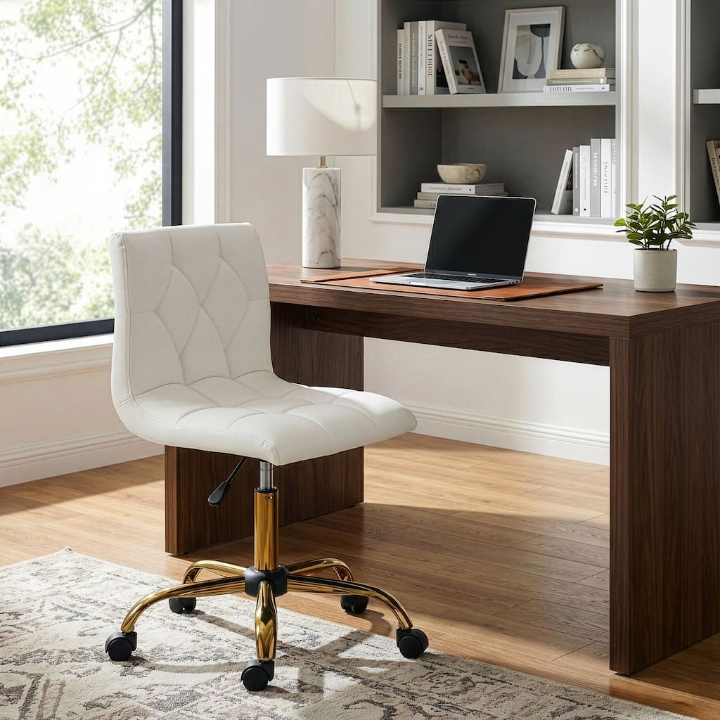 Aman Cream Adjustable Height Swivel Office Chair w/ Golden Wheel Base