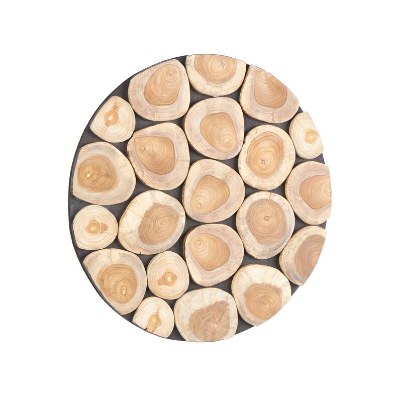 Brown Teak Wood Handmade Round Mosaic Inspired Wood Slab Abstract Home Wall Decor with Black Backing