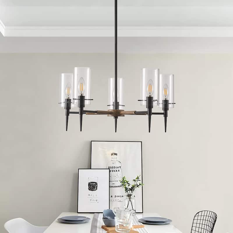 Farmhouse Rustic 5-Light Over Table Chandelier with Clear Glass Shades