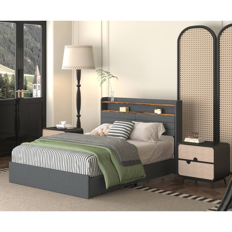Full Size Upholstered Platform Bed Frame w/ 4 Storage Drawers， Headboard, LED Light & Charging Station for Bedroom Apartment