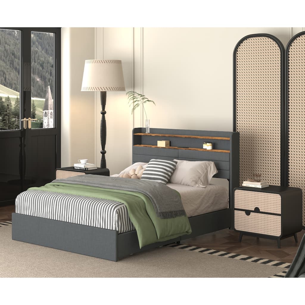 Platform Storage Bed Frame with 4 Underbed Drawers/Headboard with 2 Shelves/LED Light/Charging Station/Noise Free - Black Gray
