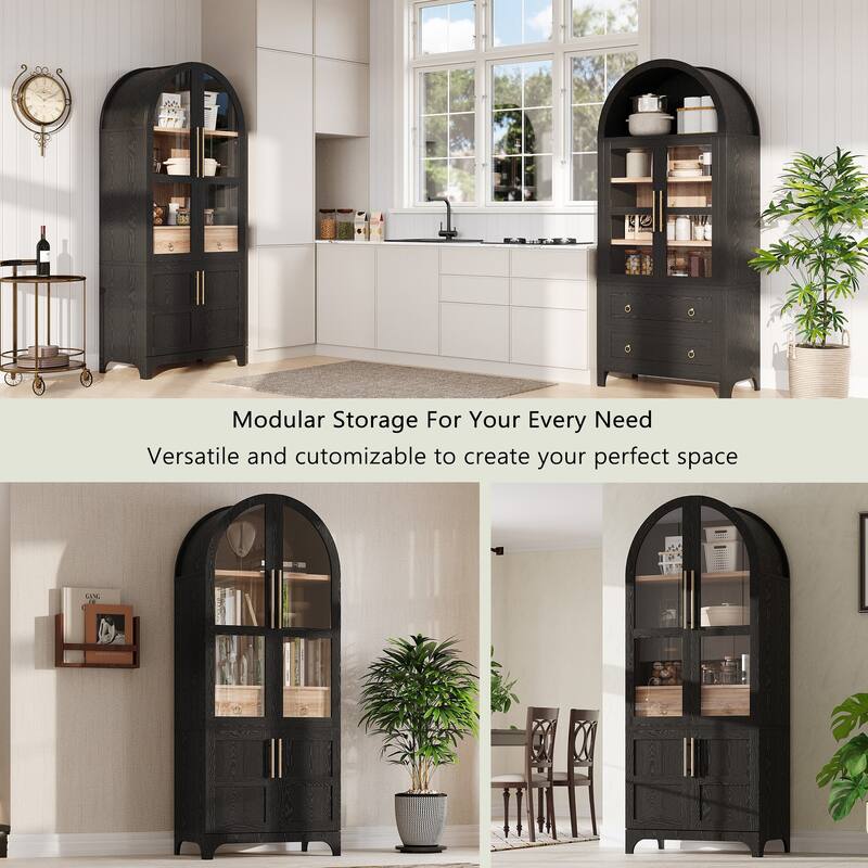 Roomfitters 71" Tall Arched Kitchen Pantry Cabinet with Glass Doors, Hidden Drawer & 4 Door Shelves