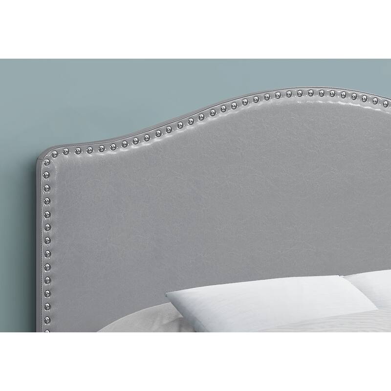 Full Size Upholstered Grey Leather Look Headboard with Chrome Trim