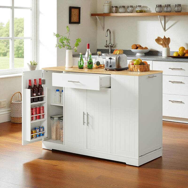 53" Modern Farmhouse Kitchen Island with Drawer, Tilt-Out Trash Can Storage, Adjustable Shelves & Spice Rack for Kitchen