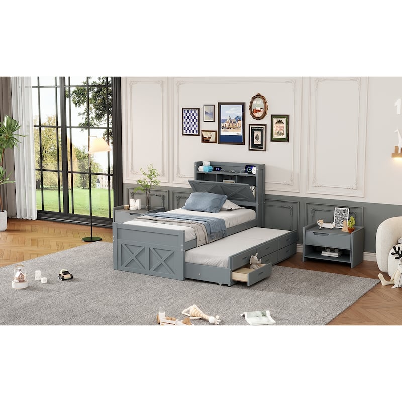 Twin Size Wooden Bed with Storage Headboard with Outlets