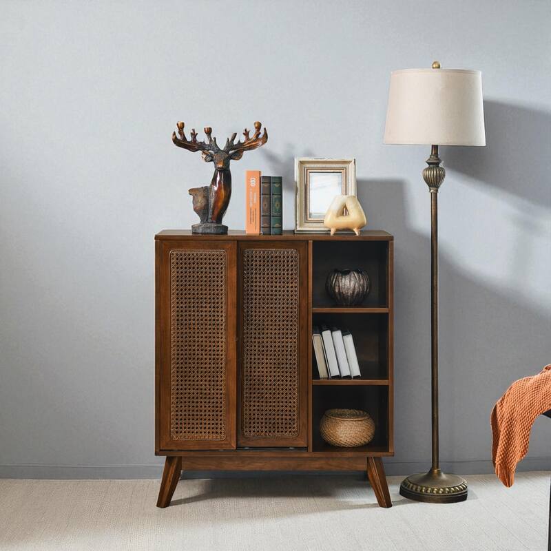 Mid-Century Rattan Sideboard Buffet Cabinet with Adjustable Shelves and Solid Wood Legs for Kitchen or Entryway - Dark Walnut