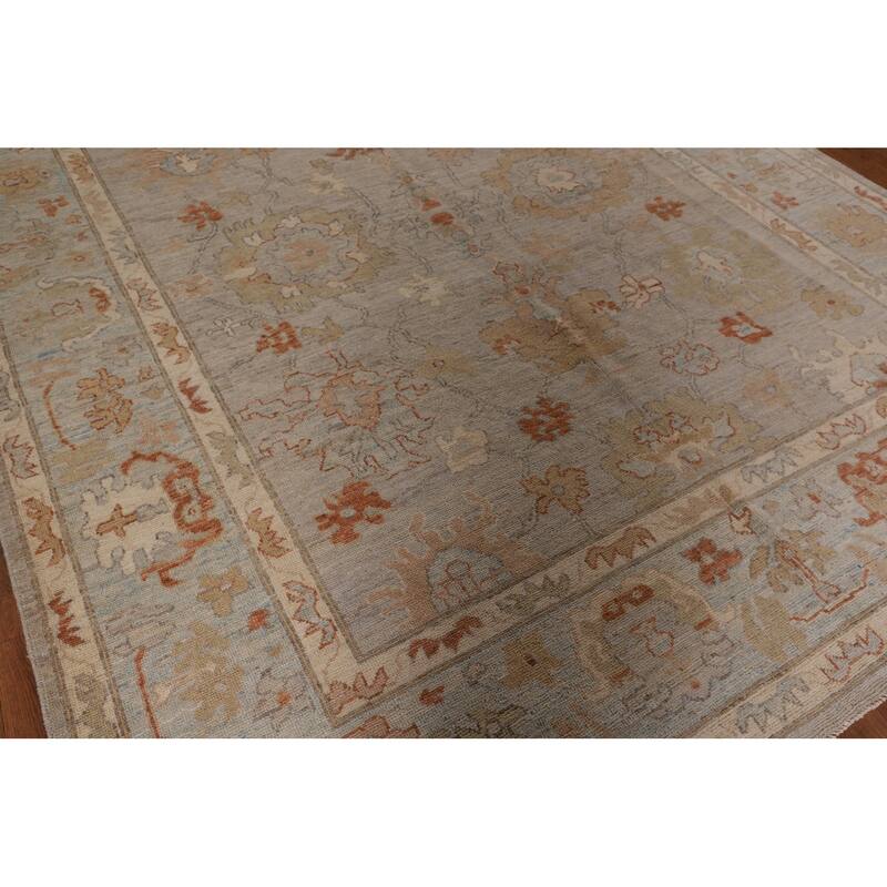 Vegetable Dye Oushak Area Rug Hand-Knotted Floral Beige Wool Carpet - 7'11" x 10'2"