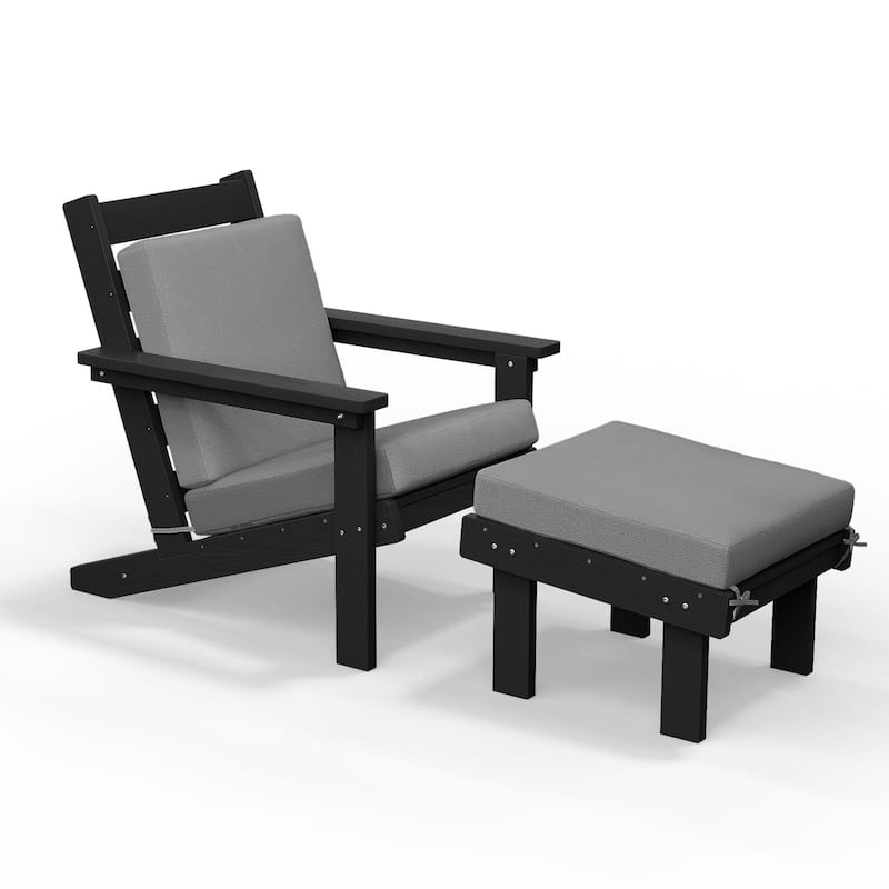 Outdoor Patio HDPE Chair Set with a Movable Ottoman & Removable Cushions - Black