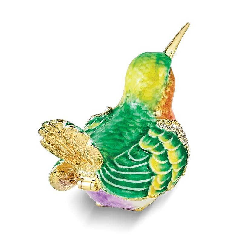 Curata Pewter Crystals Gold-Tone Enameled Madi Gold-Tone Hummingbird Trinket Box on 18 Inch Necklace