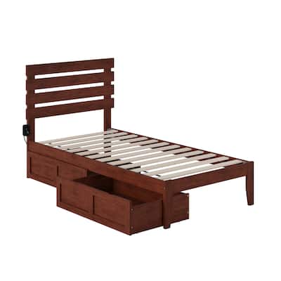 Twin Platform Bed with USB - 2 Drawers, Solid Wood - Walnut Finish - 40" x 76"