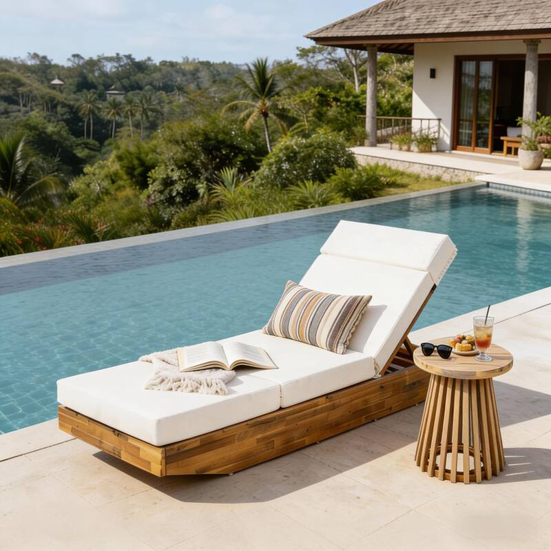 Christopher Knight Home - Outdoor Acacia Wood Chaise Lounge, Water-Repellent Cushion, Ergonomic Adjustable Headrest - 79.6"L