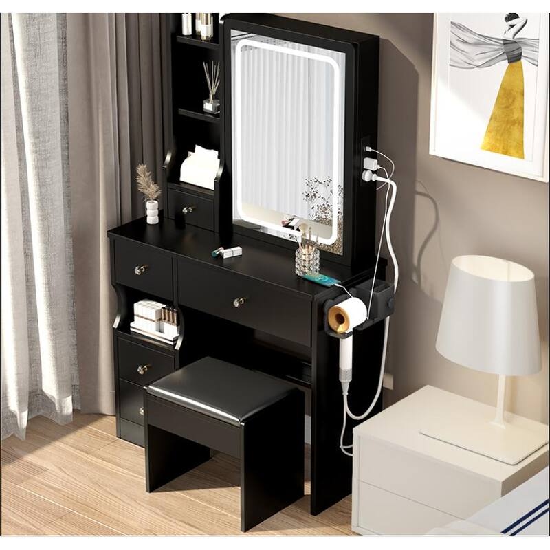 Left Drawer Makeup Vanity with LED Mirror and USB Power Station and Cushioned Stool