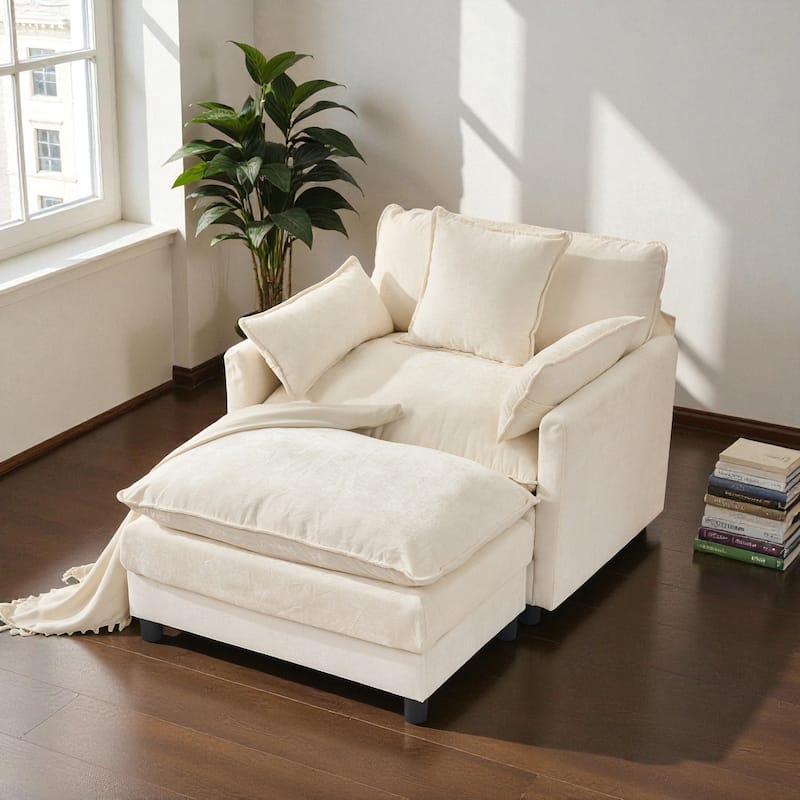 Modern Chenille Accent Chair with Ottoman, Oversized Upholstered Armchair for Living Room & Bedroom Reading