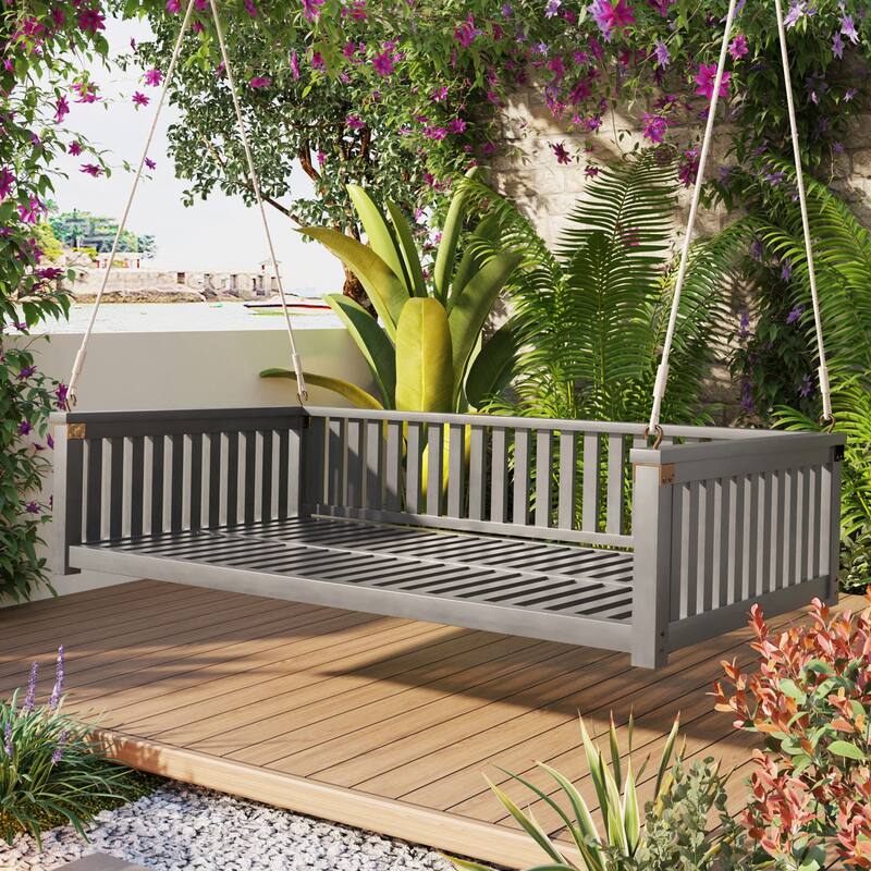Acacia Wood Twin Size Patio Swing Bed, Outdoor Porch Hanging Bed with Safe Sloped Design and Hemp Ropes for Garden or Backyard