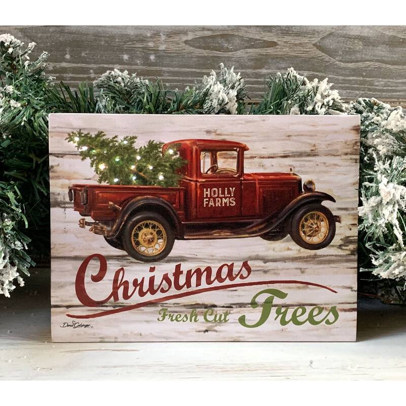 8" Green Red Truck "Chrishtmas Fresh Cut Trees" Lighted Table Decor