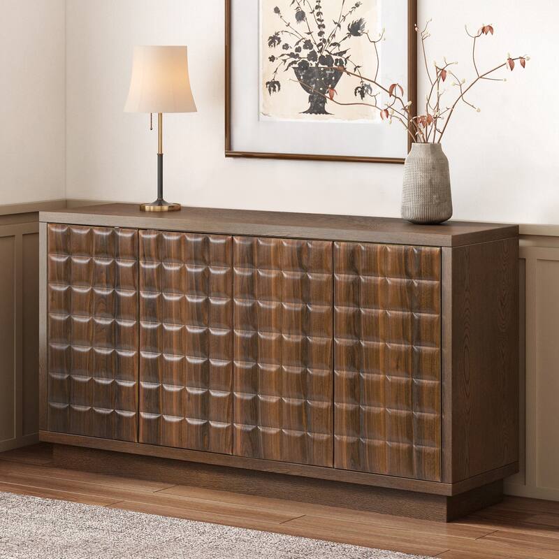 4-Door Wooden Storage Cabinet, Buffet Cabient with 3D Geometric Doors & Metal Trim, , Coffee Bar Table with Adjustable Shelf - Brown