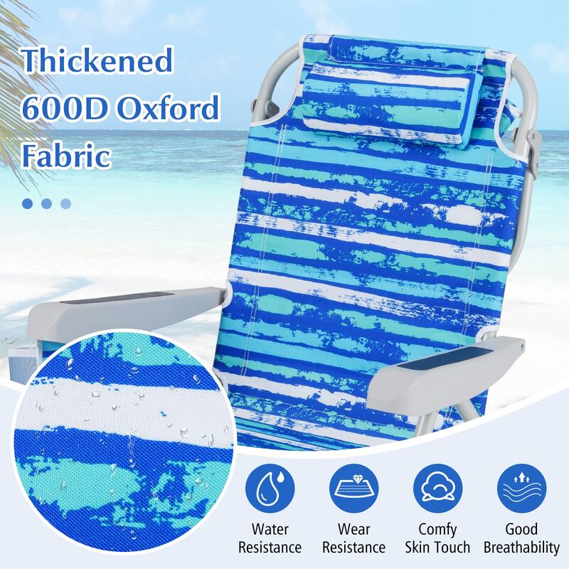 Oxford Fabric Folding Beach Chair with Adjustable Backrest, Headrest and Storage - 26" L x 25.5" W x 31" H