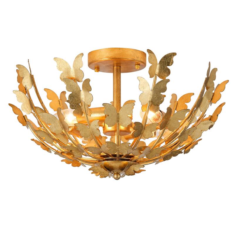 Antique Gold Butterfly Bowl 4-Light Semi Flush Mount Ceiling Light - 17.7"Wx10.4"H