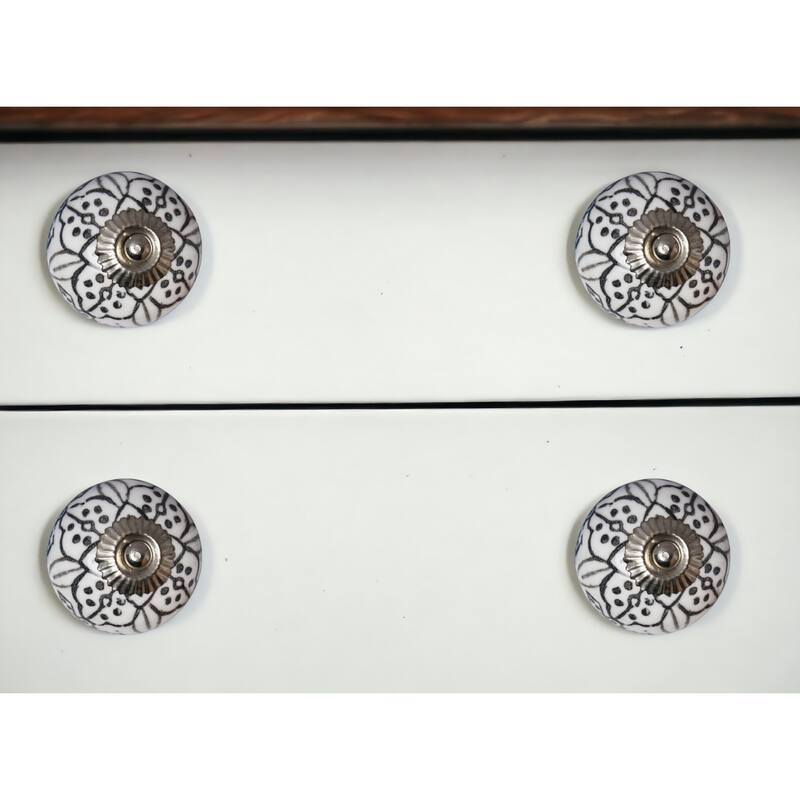Set of 8 Hand-Painted Black & White Floral Ceramic Cabinet Knobs Traditional Artisan Drawer Pulls with Metal Base
