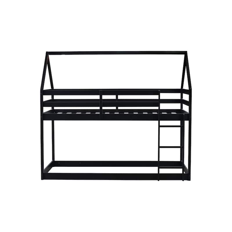 Twin over Twin Rubber Wood Floor Bunk Bed, with ladder,Guardrails,House-Shaped-Bunk Bed