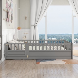 Full-Size Floor Bed Frame with Tall Safety Guardrails and Access Door Play