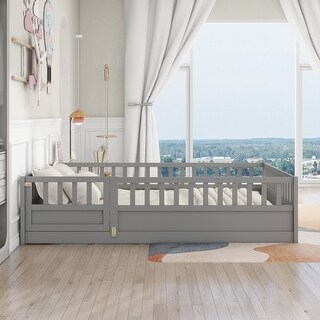 Grey Full Size Pine Wood Floor Bed with Full-length Guardrail