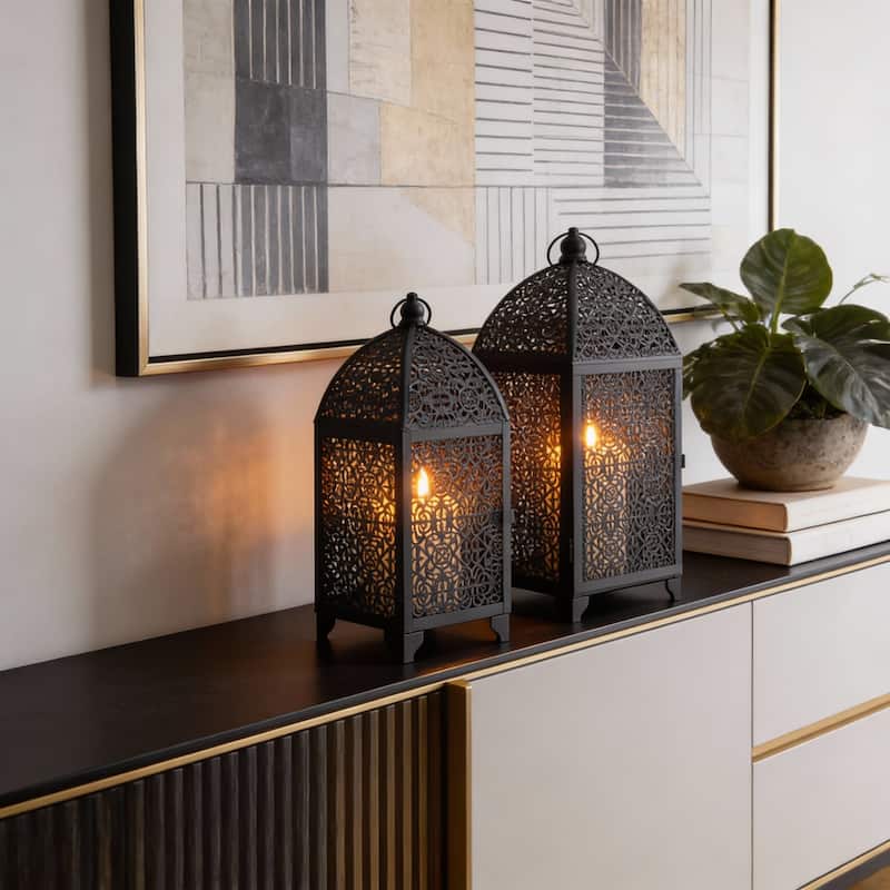 Set of Two Black Metal Filigree Tabletop Lantern Candle Holders - Black