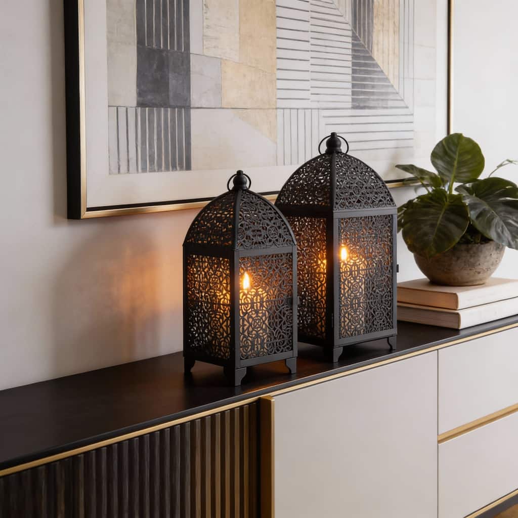 Set of Two Black Metal Filigree Tabletop Lantern Candle Holders
