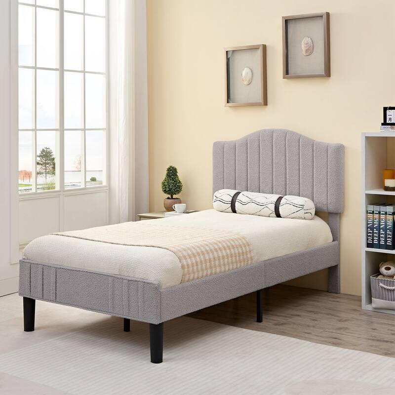 VECELO Upholstered Bed Frames, Platform Beds with Height Adjustable Teddy Fabric Headboard, 7.9'' Under Bed Space - Light Grey - Twin