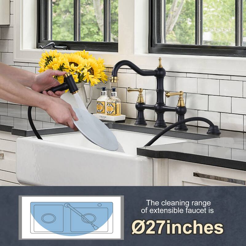 WOWOW Double Handle Bridge Kitchen Faucet with Side Sprayer