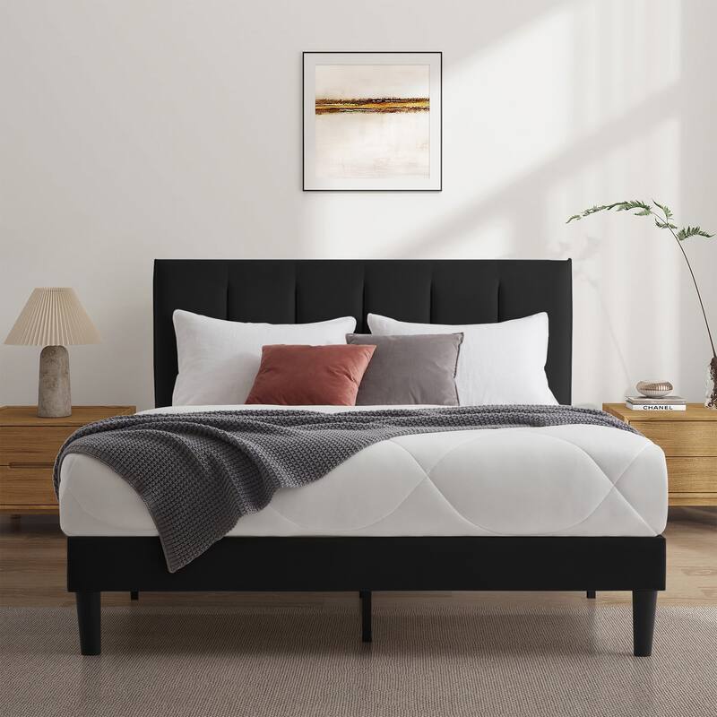Upholstered Platform Bed Frame with Vertical Stripe Headboard - Black - Twin