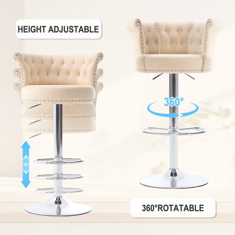 Velvet Upholstered Bar Stool Set of 2, Adjusatble Height Swivel Bar Stools, Dining Chairs with Curved Backrest & Footrest