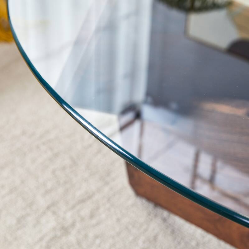 Round Coffee Table, Modern Center Table with Tempered Glass Top, Unique Wood Tea Table for Living Room, Walnut