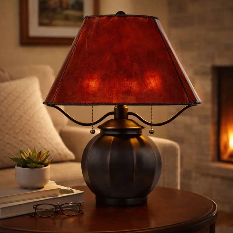 20 Inch Table Lamp, Vintage Red Amber Mica Shade, Upturned Arms, Round Body