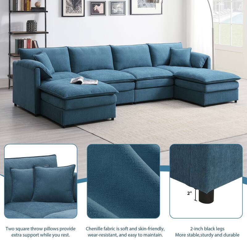 134" Chenille U-Shaped Sectional Sofa with Double Cushions, 2 Ottomans and Pocket Spring Support